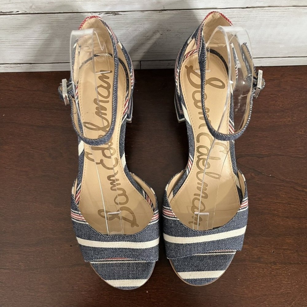 Sam Edelman Women's Denim Stripe Susie Ankle Buckle Heels 7.5 M Red White Blue - Picture 3 of 11